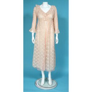 New Ro-Vel Vintage Pink Lace Peignoir Ruffle Front Tie Robe Negligee sz M /285